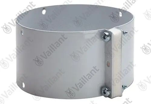 Graue Metallschelle von Vaillant für Anschlusssets, rund mit Halterung. Enthält Schrauben und Öffnungen zur Befestigung.